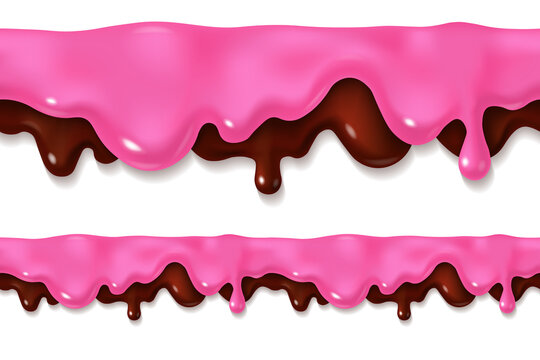 Melted chocolate and pink icing or sweet sauce seamless drop. Berry yogurt design. Realistic 3d horizontal leaking syrup dripping liquid isolated on white background. Edge decoration
