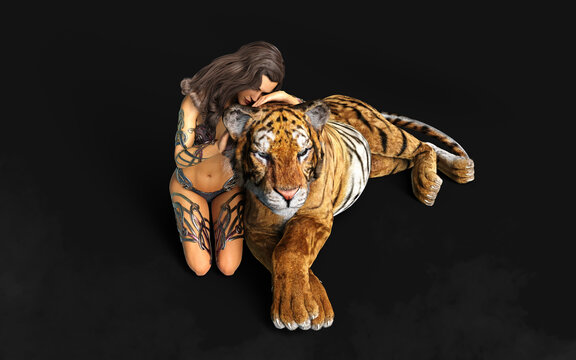 3d Illustration Project of Lady and The Bengal Tigers Poses on Black Background with Clipping Path.