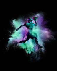 Creaive collage. American football player in motion, catching ball isolated over colorful powder explosion on black background