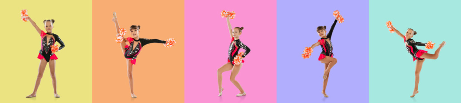 Collage of images of little girls, cheerleaders training isolated over multicolored background