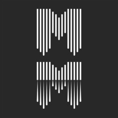 Letter M logo monogram striped design, many black and white vertical lines array.