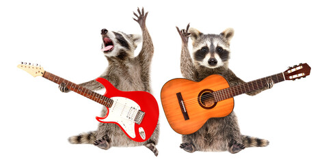 Two funny raccoons with guitars isolated on white background - Powered by Adobe