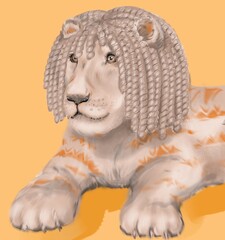 unusual lion with a curly mane and unusual colors illustration 