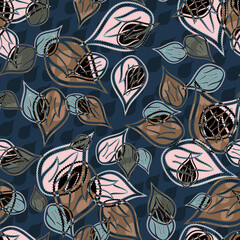 Naklejka premium Modern abstract stylized scattered petals background. Seamless vector pattern. Decorative floral isolated blossoms backdrop with blended layers. Hand drawn botanical flora repeat in blue pink.
