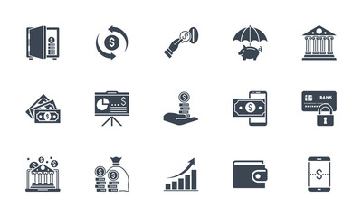 Banking icons set. Related glyph icons. Isolated on white background