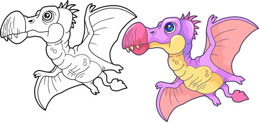 cartoon prehistoric dinosaur pterodactyl, coloring book, funny illustration © fargon