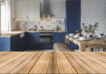 Wooden board empty table blurred background modern kitchen