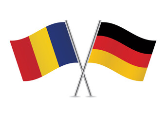 Romania and Germany crossed flags. Romanian and German flags, isolated on white background. Vector icon set. Vector illustration. 