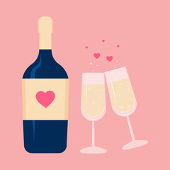 Champagne bottle and glasses in cartoon style. Concept of romance, love and wine. Valentine's day celebration. Vector illustration.