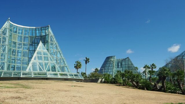 Sunny view of a green house in San Antonio Botanical Garden