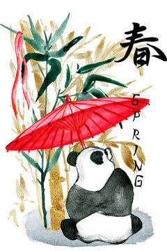 Watercolor illustration animal panda,watercolor drawing of animal - panda and bamboo