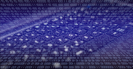 Computer and binary code. Full screen digital numbers with a notebook keyboard in the background. Digital concept.