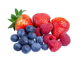 strawberries, raspberries and blueberries on a white isolated background