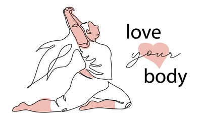 Love your body, body positive vector poster, banner, background. Chubby, plump, fat, obese woman or girl lineart. One continuous line art drawing illustration of fat ,overweight woman in yoga pose