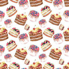 Watercolor seamless pattern. Seamless design with sweet desserts. Watercolor cakes in pattern design.