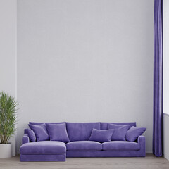 Bright living room hall with white microcement plaster stucco. Bright sofa modern color very peri - trend 2022. Mockup walls and design interior backgrounds. 3d rendering