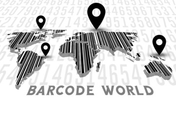 Obraz premium Bar code world map background design in black and white colors with a dimensional look. Used for barcode related concepts or as an abstract art wallpaper for global security, encryption subjects.