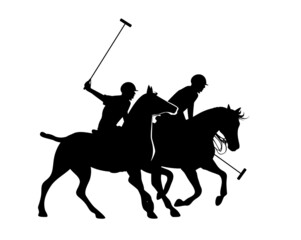 two jockeys holding mallets and riding running polo pony horse - horseback sportsmen black and white vector silhouette design