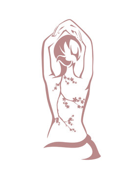 beautiful slim woman sitting her back to the viewer with raised hands and blooming sakura tree branch - back and spine health care and body balance concept monochrome vector outline design