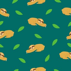 Seamless pattern of sloths lying on the ground and green leaves. Dark green background. Cartoon character. Cute and funny. Summer and spring. For wallpaper, textile, scrapbooking and wrapping paper