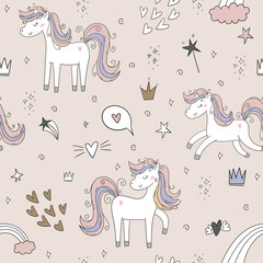 Seamless pattern with cute fairy unicorns. Perfect for kids apparel,fabric, textile, nursery decoration,wrapping paper. Vector Illustration. Creative childish background.