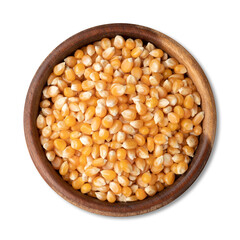 Dried corn or popcorn grains in a bowl isolated over white background