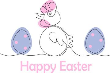 A chicken and two blue eggs with pink specks drawn in one line, as well as a pink inscription "Happy Easter"