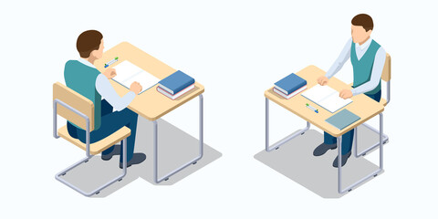 Isometric school desk and a chair. Schoolboy sitting at desk. School boy writing at her desk. Prepareing for test exam or studying lessons of secondary education. Back to school concept.