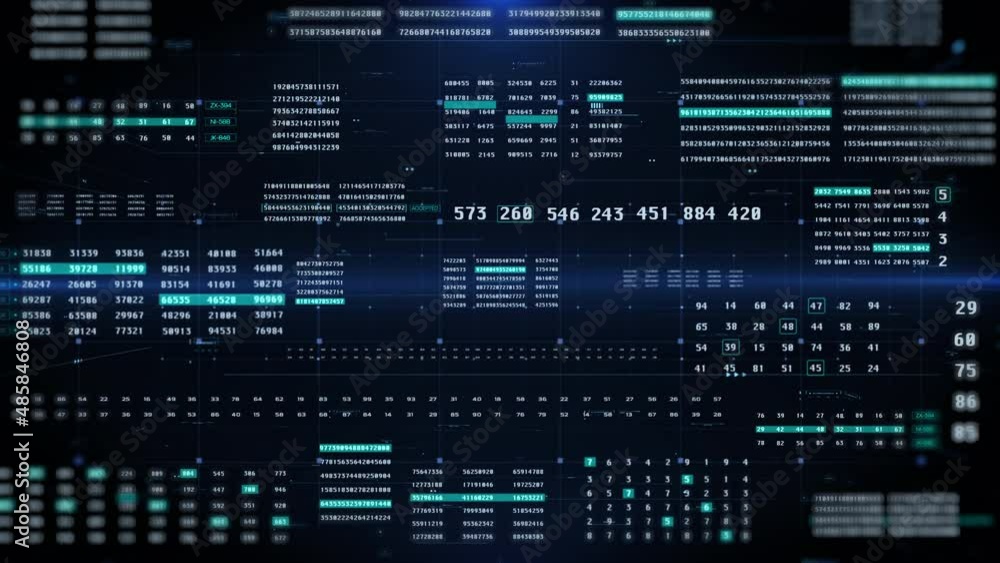 Aufkleber Digital Number Information Data Sampling Loop 4K Motion Technology Background. Cyber Statistic Futuristic Flying Through Out Monitoring Display.