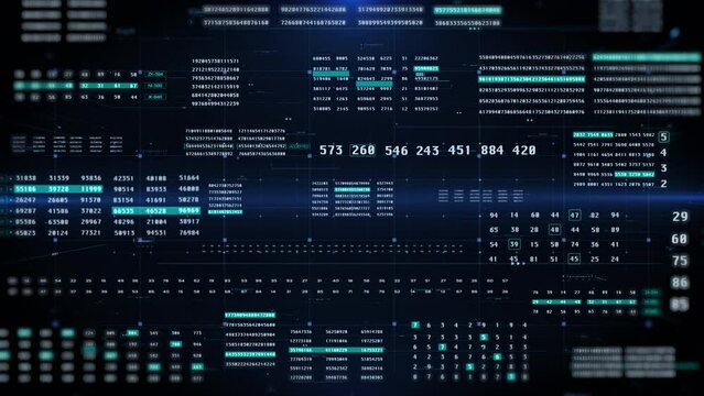 Digital Number Information Data Sampling Loop 4K Motion Technology Background. Cyber Statistic Futuristic Flying Through Out Monitoring Display.