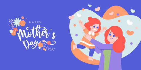 Happy mother's day celebration vector illustration. Mom and child give hug with organic flowers wreath decorative greeting text