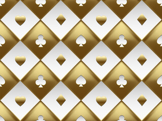 White and gold seamless pattern fabric poker table. Luxury casino vector 3d background with texture composed from volume card symbol texture