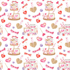 Watercolor Valentine's day seamless pattern. Hand drawn lovely decor background. Wood tiered tray and hearts illustration isolated on white. Romantic design for cards, print, textile