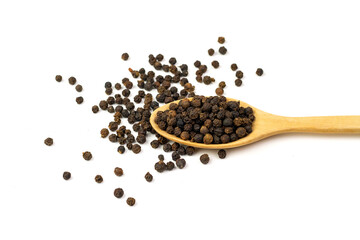 Black pepper on wooden spoon isolated on white background. Black pepper is a spicy seasoning and herb for healthy.