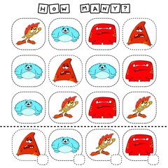 How many counting game with funny cute monsters. Worksheet for preschool kids, kids activity sheet, printable worksheet


