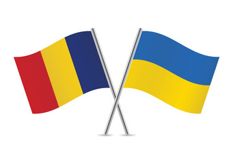 Romania and Ukraine crossed flags. Romanian and Ukrainian flags, isolated on white background. Vector icon set. Vector illustration. 