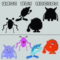 Developing activity for children, find a pair among identical of  cute funny monsters. Logic game for children.
