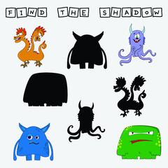 Obraz premium Find a shadow monsters. Match funny heroes with correct shadow. Preschool worksheet, kids activity worksheet, printable worksheet 