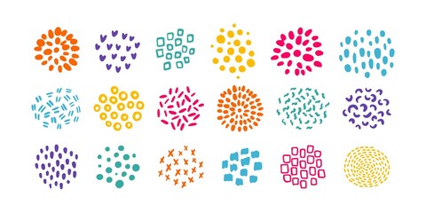 Hand drawn vector textured color circles set. Minimal ink scribble spots, black organic pattern doodle shapes. Nature print stains highlights backgrounds. Cute abstract textures design elements
