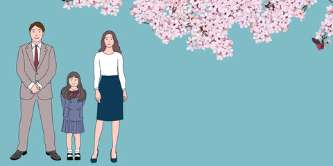 Family photo of the cherry blossoms in full bloom and the entrance ceremony of the elementary school. girl, mother, father, copy space, vector illustration, 