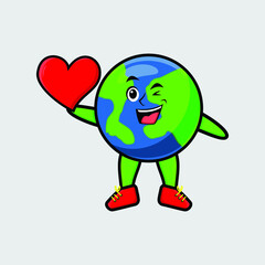 Cute cartoon mascot character earth mascot holding big red heart in modern style design for t-shirt, sticker, and logo element