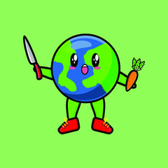 Obraz premium Cute cartoon mascot character earth holding knife and carrot in modern style design for t-shirt, sticker, logo element