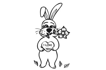 Vintage bunny line art, great design for any purposes. Modern trendy design. Rabbit in hand's heart, flower in mouth. Romantic illustration.