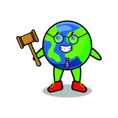 Cute cartoon mascot character wise judge earth wearing glasses and holding a hammer with cute modern style design for t-shirt, sticker, logo element