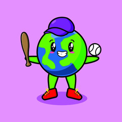 Cute cartoon mascot character earth playing baseball in modern style design for t-shirt, sticker, and logo elements