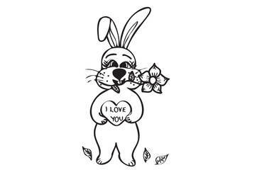 Vintage bunny line art, great design for any purposes. Modern trendy design. Rabbit in hand's heart, flower in mouth. Romantic illustration.