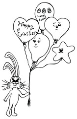 Rabbit painted by hand, rabbit with heartshaped balloons in hand, designed for postcards, March 8, Valentine ․