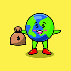 Naklejka premium Cute cartoon Crazy rich earth with money bag shaped funny in modern design for t-shirt, sticker, logo element