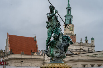 The Neptune Fountain on the Main Market (Rynek) square in the Old Town of Poznan, Poland. The city...