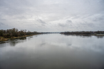 A view of the Vistula River in Torun, north-central Poland. Clouds reflected in the water